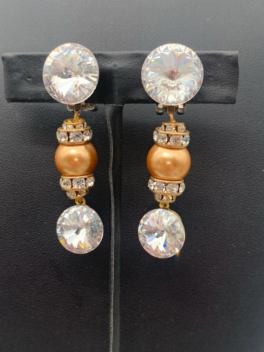 Vintage Rivoli Crystal and Gold faux Pearl Drop clip on Earrings - Gold Tone
